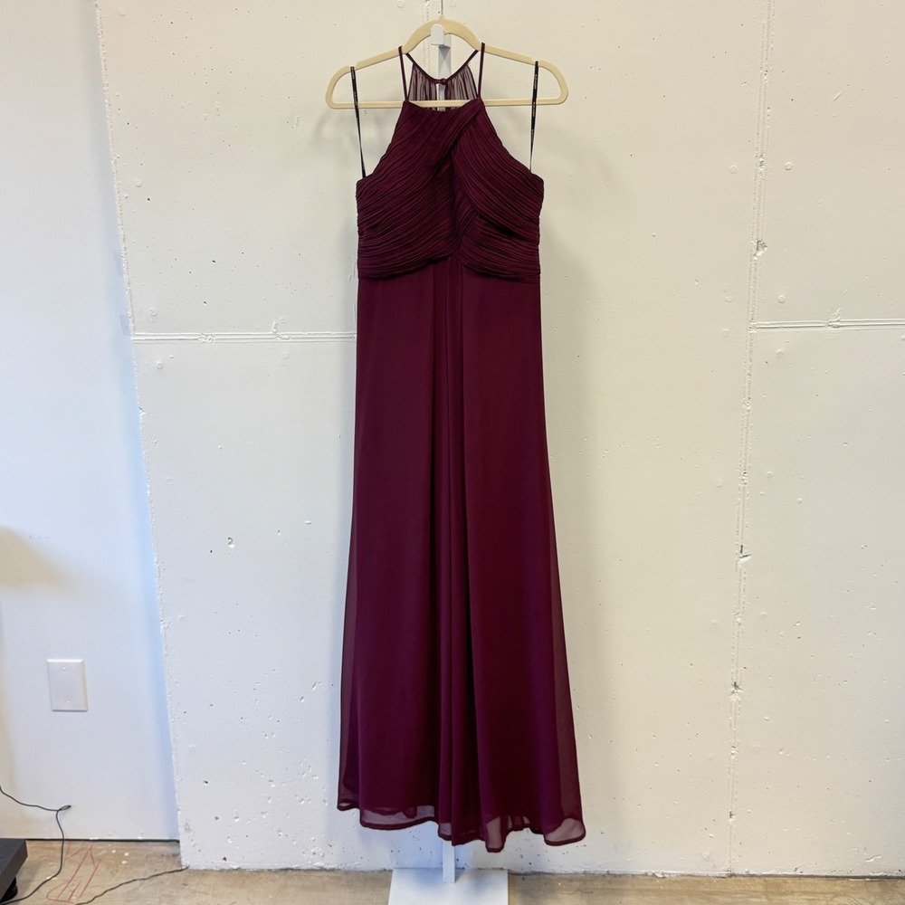 LEVKOFF Burgundy‎ Chiffon Halter Pleated Bodice Maxi Formal Dress Size 8 Prom